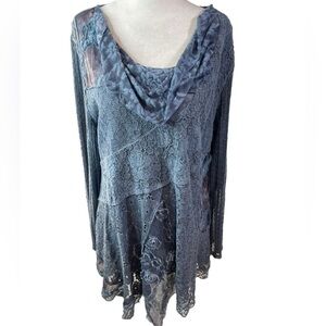 Bohemian Mixed Media Patchwork Blouse, Cowl Neckline, Velvet Accents, Sz L